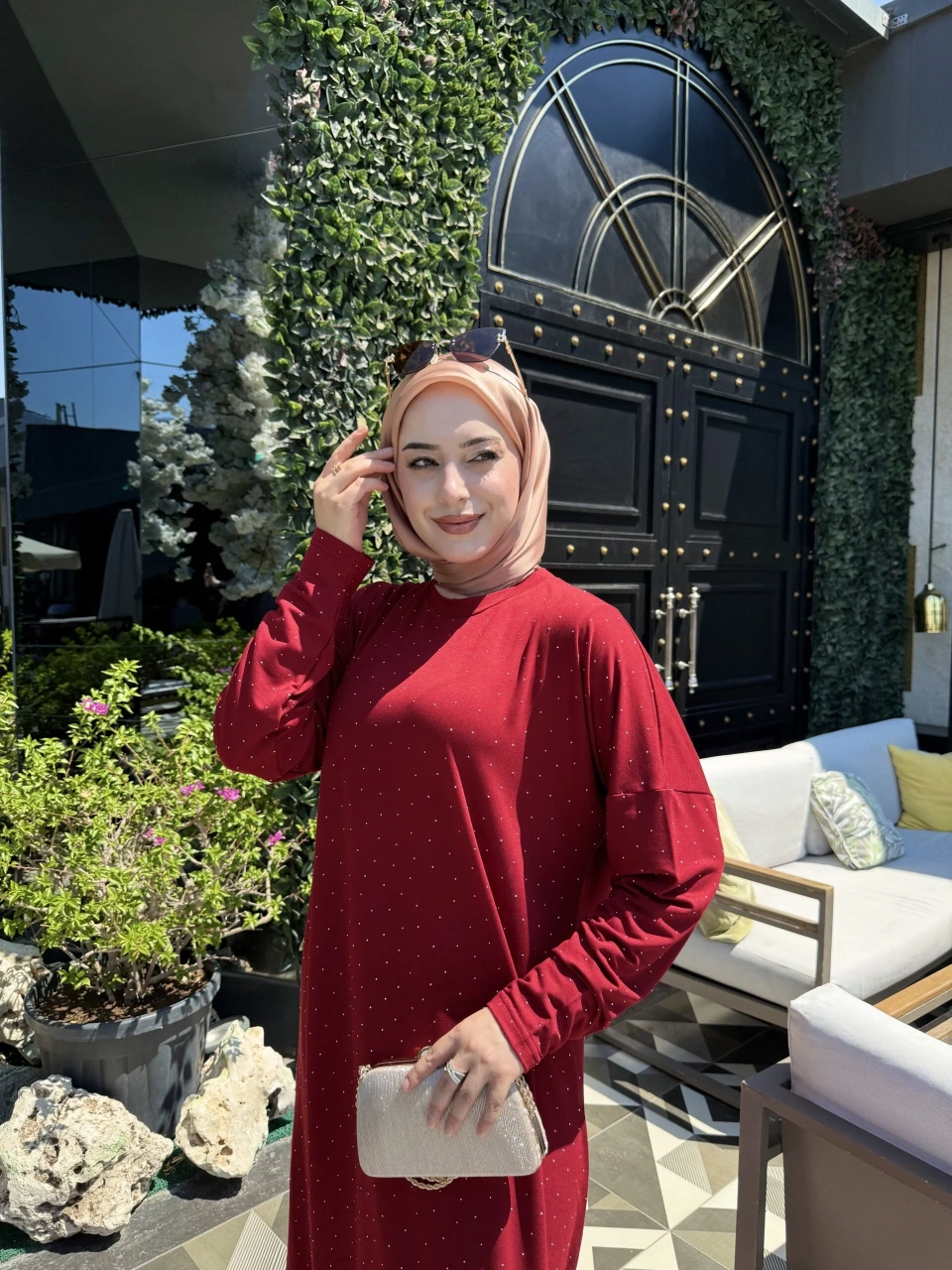 Bordo Işıltılı Elbise - Görsel 5