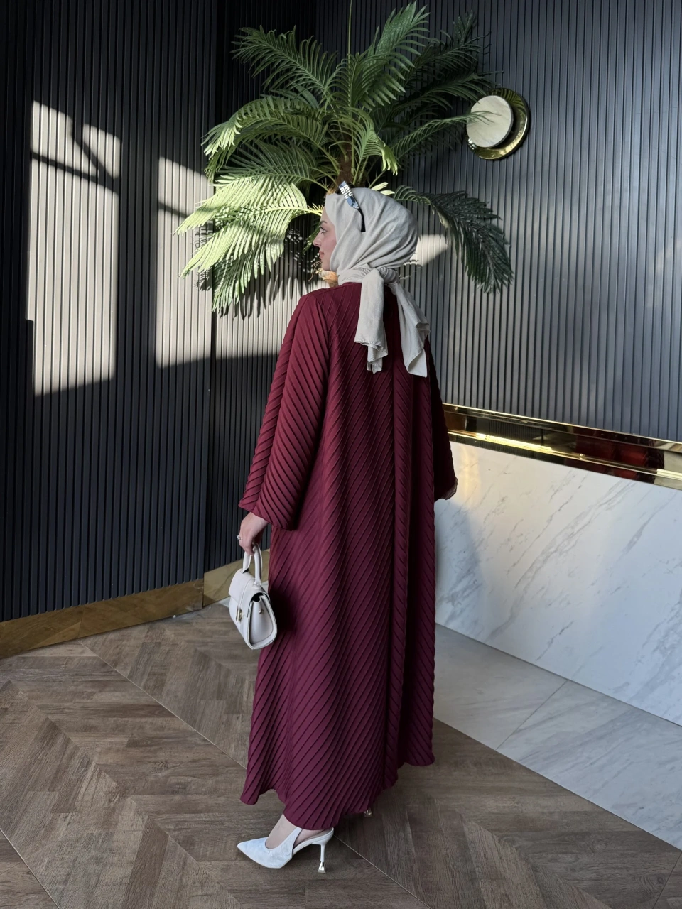 Bordo Pilise Elbise Abaya - Görsel 4